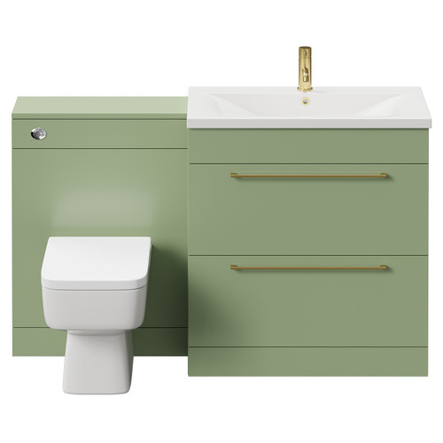 Napoli Cento Olive Green 1400mm Vanity Unit Toilet Suite with 1 Tap Hole Basin and 2 Drawers with Brushed Brass Handles Front View