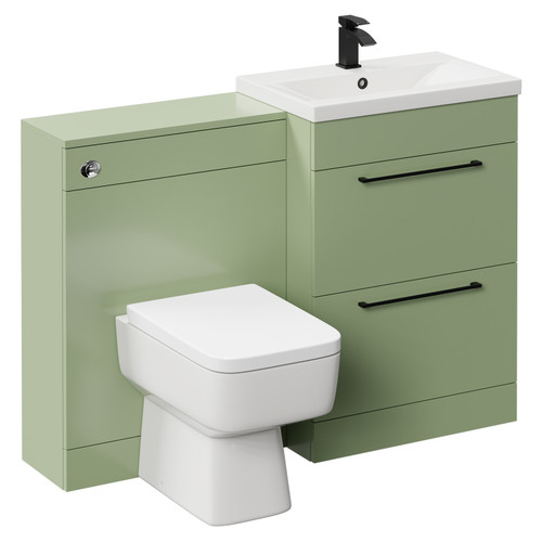 Napoli Cento 390 Olive Green 1200mm Vanity Unit Toilet Suite with 1 Tap Hole Basin and 2 Doors with Matt Black Handles Left Hand View
