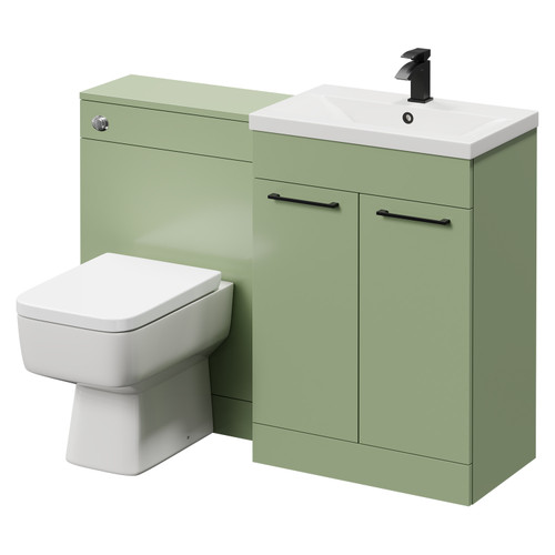 Napoli Cento 390 Olive Green 1200mm Wall Mounted Vanity Unit Toilet Suite with 1 Tap Hole Basin and 2 Drawers with Matt Black Handles Right Hand View