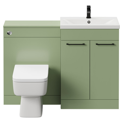 Napoli Cento 390 Olive Green 1200mm Wall Mounted Vanity Unit Toilet Suite with 1 Tap Hole Basin and 2 Drawers with Matt Black Handles Front View