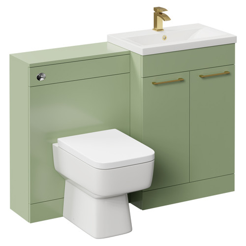 Napoli Cento 390 Olive Green 1200mm Wall Mounted Vanity Unit Toilet Suite with 1 Tap Hole Basin and 2 Drawers with Brushed Brass Handles Left Hand View