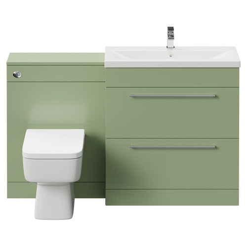 Napoli Cento 390 Olive Green 1400mm Vanity Unit Toilet Suite with 1 Tap Hole Basin and 2 Drawers with Polished Chrome Handles Front View