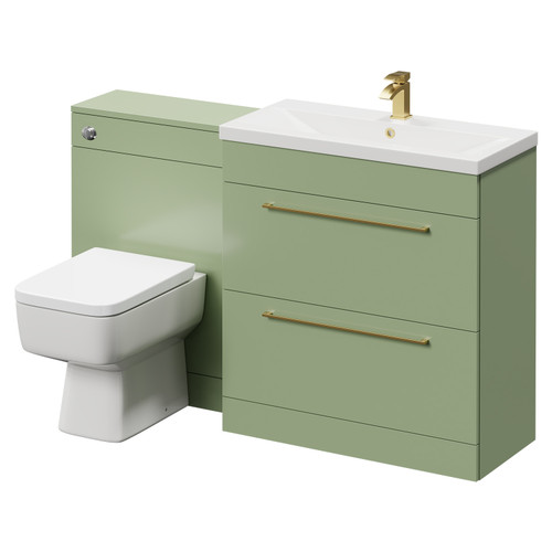 Napoli Cento 390 Olive Green 1400mm Vanity Unit Toilet Suite with 1 Tap Hole Basin and 2 Drawers with Brushed Brass Handles Right Hand View