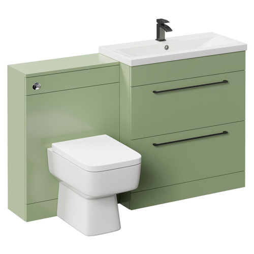 Napoli Cento 390 Olive Green 1400mm Vanity Unit Toilet Suite with 1 Tap Hole Basin and 2 Drawers with Gunmetal Grey Handles Left Hand View