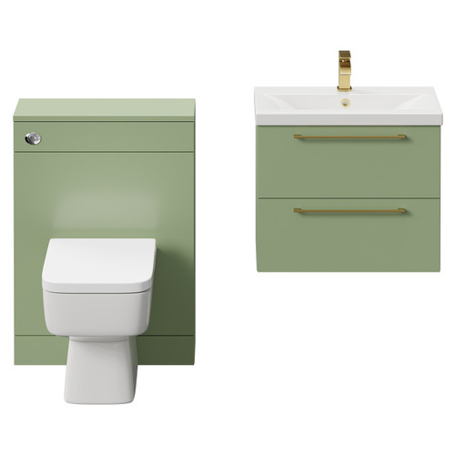 Napoli Cento 390 Olive Green 1200mm Vanity Unit Toilet Suite with 1 Tap Hole Basin and 2 Drawers with Brushed Brass Handles Front View