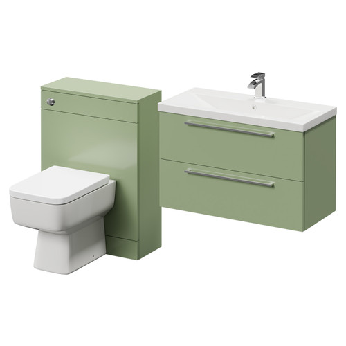 Napoli Cento 390 Olive Green 1400mm Wall Mounted Vanity Unit Toilet Suite with 1 Tap Hole Basin and 2 Drawers with Polished Chrome Handles Right Hand View