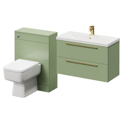 Napoli Cento 390 Olive Green 1400mm Wall Mounted Vanity Unit Toilet Suite with 1 Tap Hole Basin and 2 Drawers with Brushed Brass Handles Right Hand View