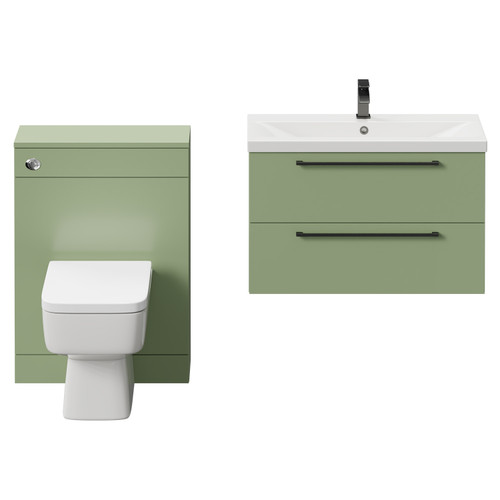 Napoli Cento 390 Olive Green 1400mm Wall Mounted Vanity Unit Toilet Suite with 1 Tap Hole Basin and 2 Drawers with Gunmetal Grey Handles Front View