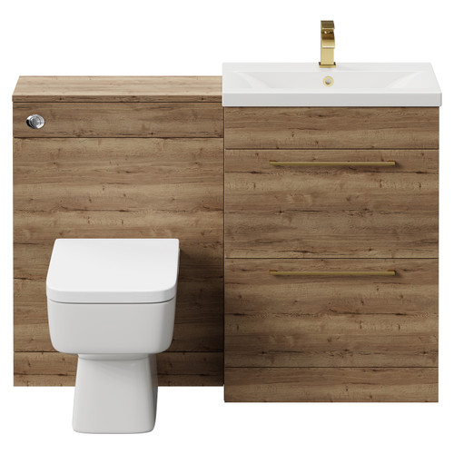 Napoli Cento 390 Tobacco Oak 1200mm Vanity Unit Toilet Suite with 1 Tap Hole Basin and 2 Doors with Brushed Brass Handles Front View