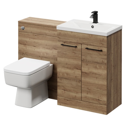 Napoli Cento 390 Tobacco Oak 1200mm Wall Mounted Vanity Unit Toilet Suite with 1 Tap Hole Basin and 2 Drawers with Matt Black Handles Right Hand View