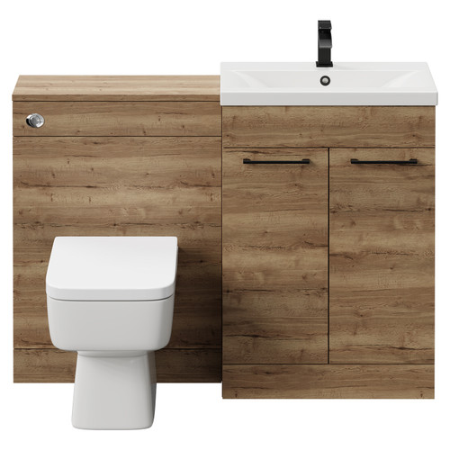 Napoli Cento 390 Tobacco Oak 1200mm Wall Mounted Vanity Unit Toilet Suite with 1 Tap Hole Basin and 2 Drawers with Matt Black Handles Front View