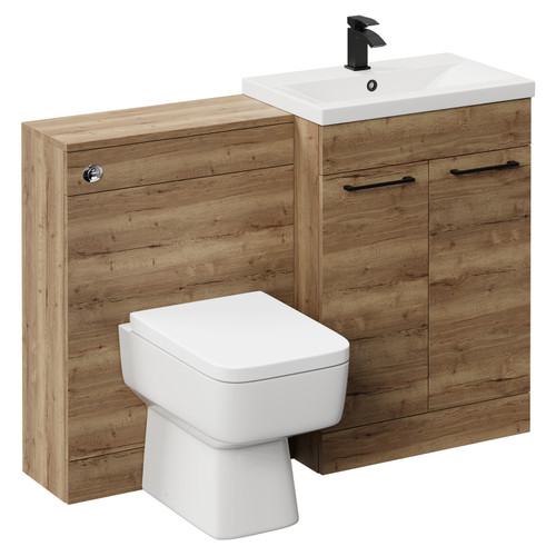 Napoli Cento 390 Tobacco Oak 1200mm Wall Mounted Vanity Unit Toilet Suite with 1 Tap Hole Basin and 2 Drawers with Matt Black Handles Left Hand View