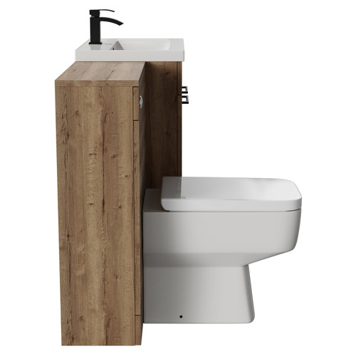 Napoli Cento 390 Tobacco Oak 1200mm Wall Mounted Vanity Unit Toilet Suite with 1 Tap Hole Basin and 2 Drawers with Matt Black Handles Side View