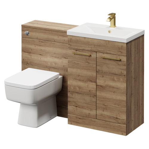 Napoli Cento 390 Tobacco Oak 1200mm Wall Mounted Vanity Unit Toilet Suite with 1 Tap Hole Basin and 2 Drawers with Brushed Brass Handles Right Hand View
