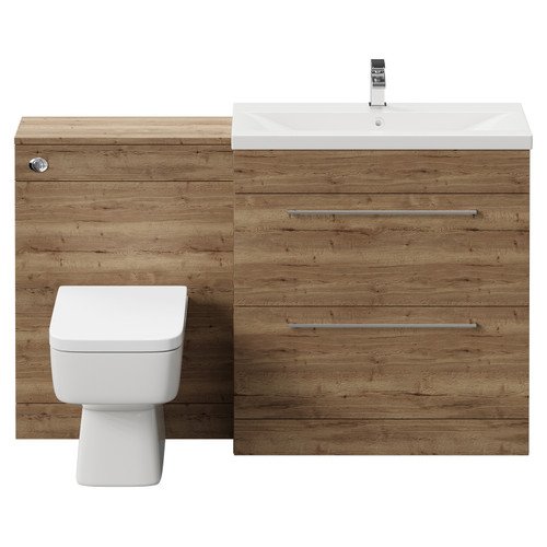 Napoli Cento 390 Tobacco Oak 1400mm Vanity Unit Toilet Suite with 1 Tap Hole Basin and 2 Drawers with Polished Chrome Handles Front View