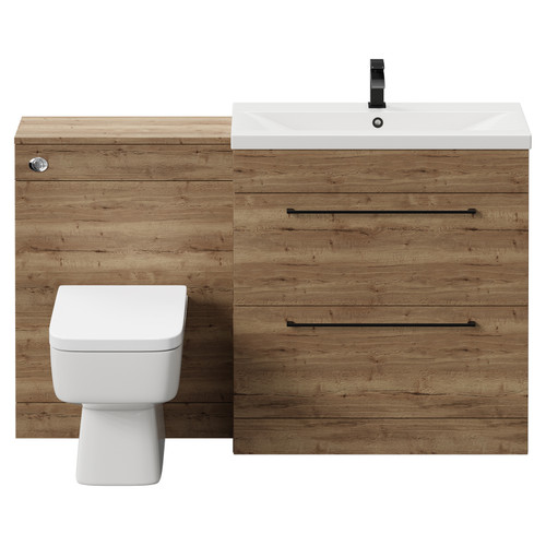 Napoli Cento 390 Tobacco Oak 1400mm Vanity Unit Toilet Suite with 1 Tap Hole Basin and 2 Drawers with Matt Black Handles Front View