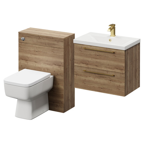 Napoli Cento 390 Tobacco Oak 1200mm Vanity Unit Toilet Suite with 1 Tap Hole Basin and 2 Drawers with Brushed Brass Handles Right Hand View