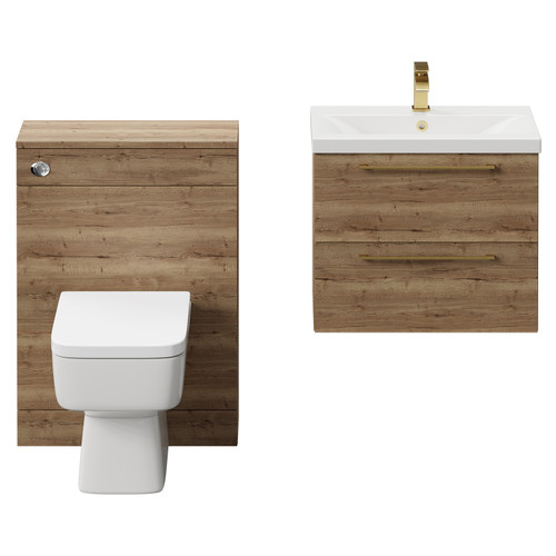 Napoli Cento 390 Tobacco Oak 1200mm Vanity Unit Toilet Suite with 1 Tap Hole Basin and 2 Drawers with Brushed Brass Handles Front View