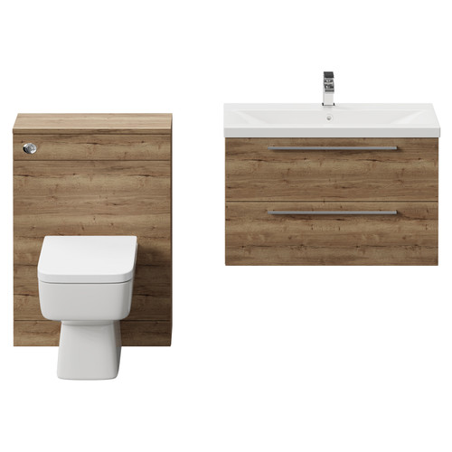Napoli Cento 390 Tobacco Oak 1400mm Wall Mounted Vanity Unit Toilet Suite with 1 Tap Hole Basin and 2 Drawers with Polished Chrome Handles Front View