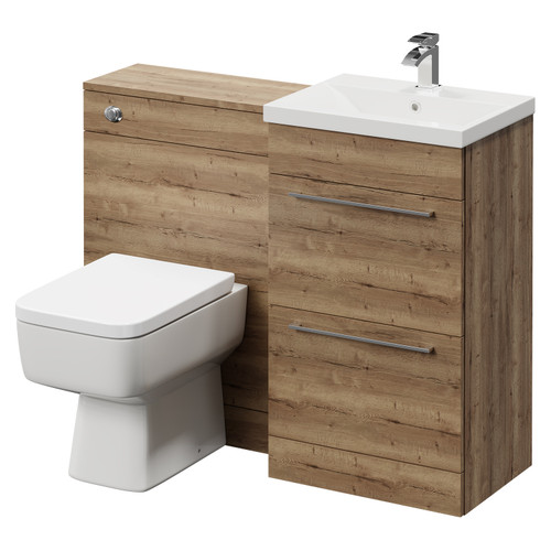 Napoli Cento Tobacco Oak 1100mm Vanity Unit Toilet Suite with 1 Tap Hole Basin and 2 Drawers with Polished Chrome Handles Right Hand View