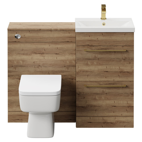 Napoli Cento Tobacco Oak 1100mm Vanity Unit Toilet Suite with 1 Tap Hole Basin and 2 Drawers with Brushed Brass Handles Front View