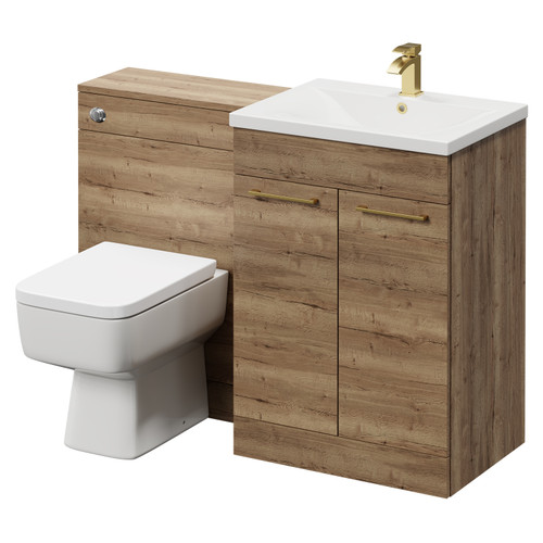 Napoli Cento Tobacco Oak 1200mm Vanity Unit Toilet Suite with 1 Tap Hole Basin and 2 Doors with Brushed Brass Handles Right Hand View