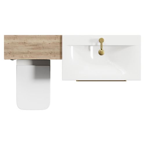 Napoli Cento Tobacco Oak 1400mm Vanity Unit Toilet Suite with 1 Tap Hole Basin and 2 Drawers with Brushed Brass Handles Top View