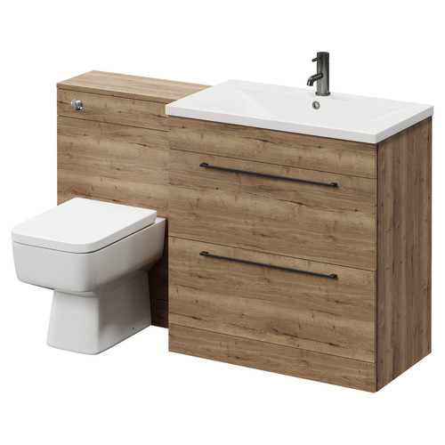 Napoli Cento Tobacco Oak 1400mm Vanity Unit Toilet Suite with 1 Tap Hole Basin and 2 Drawers with Gunmetal Grey Handles Right Hand View