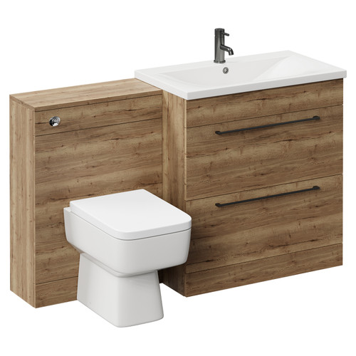 Napoli Cento Tobacco Oak 1400mm Vanity Unit Toilet Suite with 1 Tap Hole Basin and 2 Drawers with Gunmetal Grey Handles Left Hand View