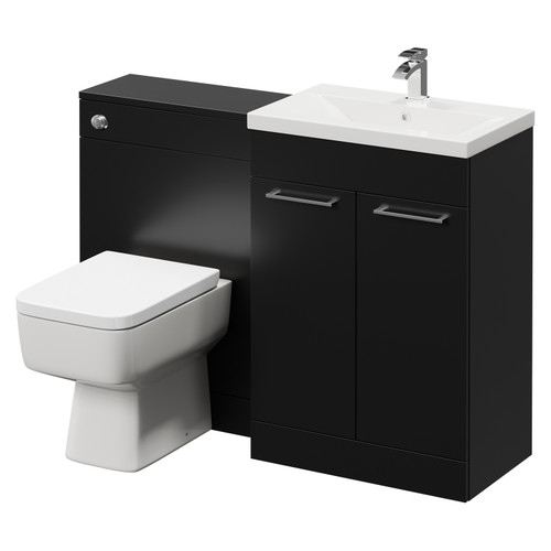 Napoli Cento 390 Matt Black 1200mm Wall Mounted Vanity Unit Toilet Suite with 1 Tap Hole Basin and 2 Drawers with Polished Chrome Handles Right Hand View