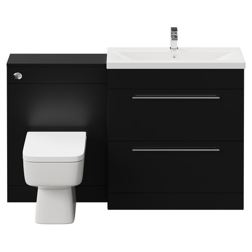 Napoli Cento 390 Matt Black 1400mm Vanity Unit Toilet Suite with 1 Tap Hole Basin and 2 Drawers with Polished Chrome Handles Front View