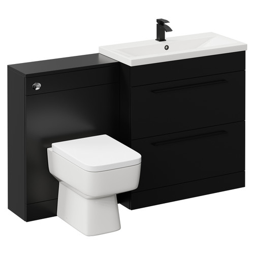 Napoli Cento 390 Matt Black 1400mm Vanity Unit Toilet Suite with 1 Tap Hole Basin and 2 Drawers with Matt Black Handles Left Hand View