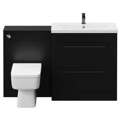Napoli Cento 390 Matt Black 1400mm Vanity Unit Toilet Suite with 1 Tap Hole Basin and 2 Drawers with Gunmetal Grey Handles Front View