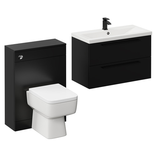 Napoli Cento 390 Matt Black 1400mm Wall Mounted Vanity Unit Toilet Suite with 1 Tap Hole Basin and 2 Drawers with Matt Black Handles Left Hand View