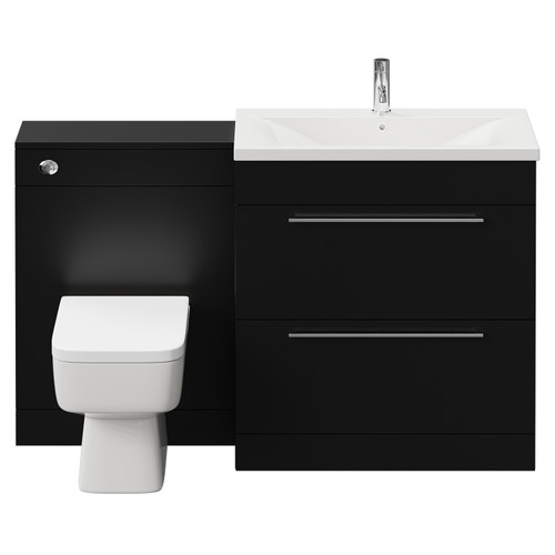 Napoli Cento Matt Black 1400mm Vanity Unit Toilet Suite with 1 Tap Hole Basin and 2 Drawers with Polished Chrome Handles Front View