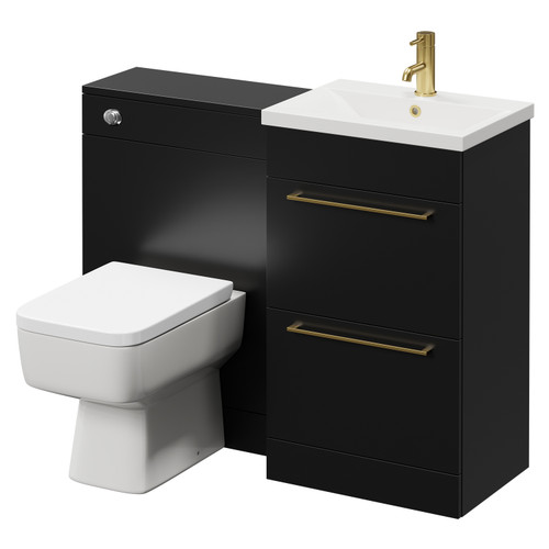 Napoli Cento Matt Black 1100mm Vanity Unit Toilet Suite with 1 Tap Hole Basin and 2 Drawers with Brushed Brass Handles Right Hand View