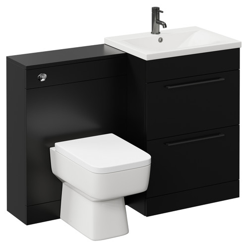 Napoli Cento Matt Black 1200mm Vanity Unit Toilet Suite with 1 Tap Hole Basin and 2 Drawers with Gunmetal Grey Handles Left Hand View