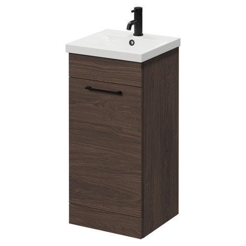 Napoli Brown Oak 400mm Floor Standing Vanity Unit with 1 Tap Hole Glide Basin and Single Door with Matt Black Handle Right Hand View
