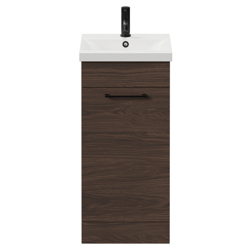 Napoli Brown Oak 400mm Floor Standing Vanity Unit with 1 Tap Hole Glide Basin and Single Door with Matt Black Handle Front View