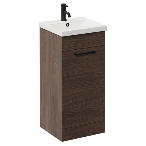 Napoli Brown Oak 400mm Floor Standing Vanity Unit with 1 Tap Hole Glide Basin and Single Door with Matt Black Handle Left Hand View