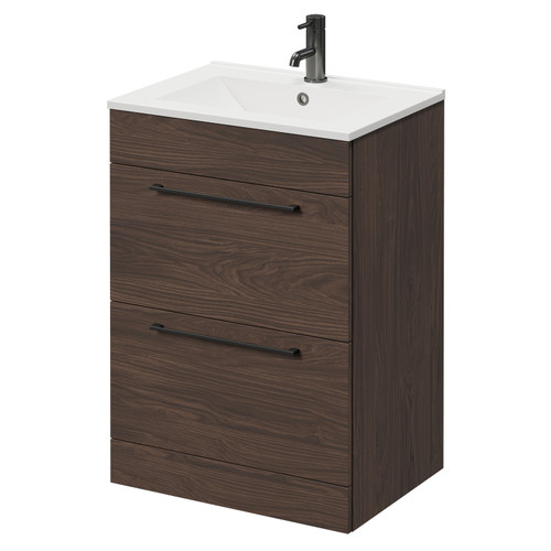 Napoli Brown Oak 600mm Floor Standing Vanity Unit with 1 Tap Hole Minimalist Basin and 2 Drawers with Gunmetal Grey Handles Right Hand View