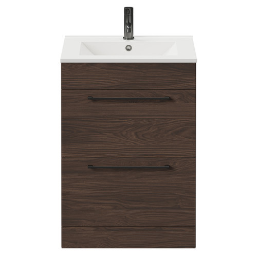 Napoli Brown Oak 600mm Floor Standing Vanity Unit with 1 Tap Hole Minimalist Basin and 2 Drawers with Gunmetal Grey Handles Front View