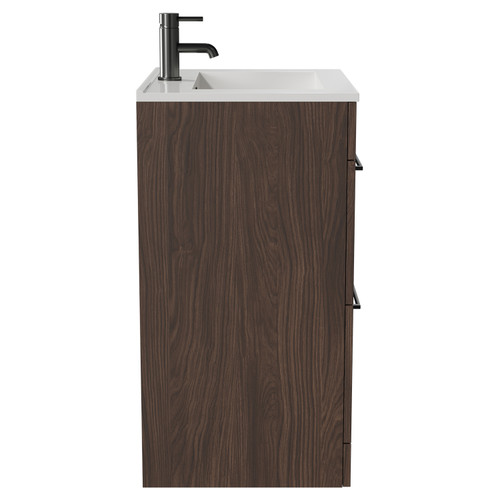 Napoli Brown Oak 600mm Floor Standing Vanity Unit with 1 Tap Hole Minimalist Basin and 2 Drawers with Gunmetal Grey Handles Side View