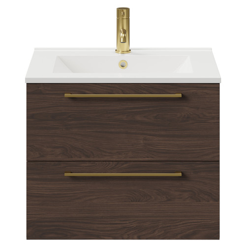 Napoli Brown Oak 600mm Wall Mounted Vanity Unit with 1 Tap Hole Minimalist Basin and 2 Drawers with Brushed Brass Handles Front View