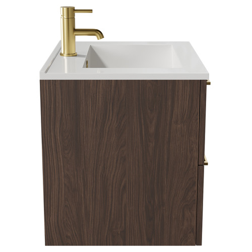 Napoli Brown Oak 600mm Wall Mounted Vanity Unit with 1 Tap Hole Minimalist Basin and 2 Drawers with Brushed Brass Handles Side View