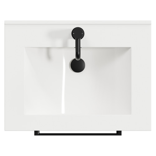 Napoli Brown Oak 600mm Wall Mounted Vanity Unit with 1 Tap Hole Minimalist Basin and 2 Drawers with Matt Black Handles Top View