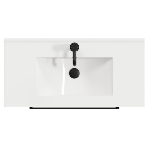 Napoli Brown Oak 800mm Wall Mounted Vanity Unit with 1 Tap Hole Minimalist Basin and 2 Drawers with Matt Black Handles Top View