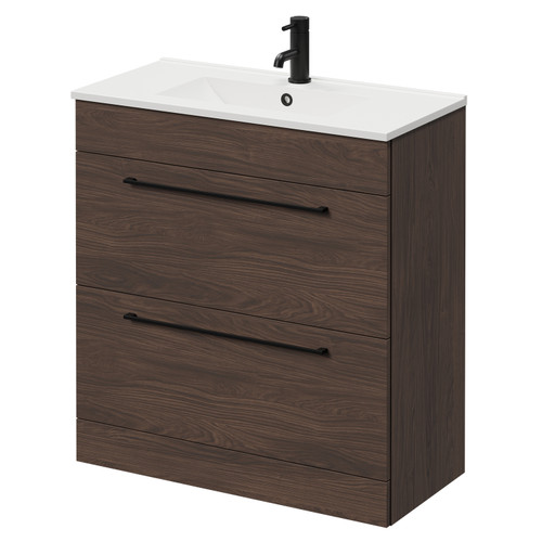 Napoli Brown Oak 800mm Floor Standing Vanity Unit with 1 Tap Hole Minimalist Basin and 2 Drawers with Matt Black Handles Right Hand View