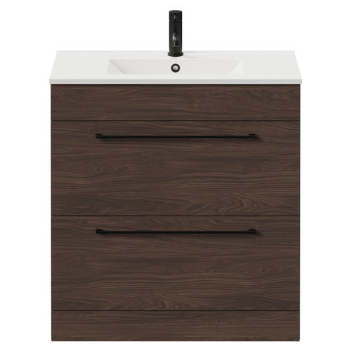 Napoli Brown Oak 800mm Floor Standing Vanity Unit with 1 Tap Hole Minimalist Basin and 2 Drawers with Matt Black Handles Front View