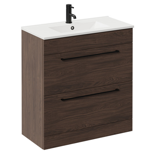 Napoli Brown Oak 800mm Floor Standing Vanity Unit with 1 Tap Hole Minimalist Basin and 2 Drawers with Matt Black Handles Left Hand View